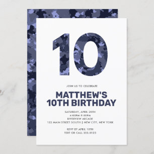 10TH Birthday,  Blue Camo Personalised Party Invitation