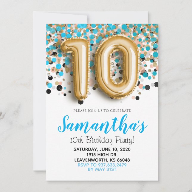 10th Birthday Blue Confetti Invitation (Front)