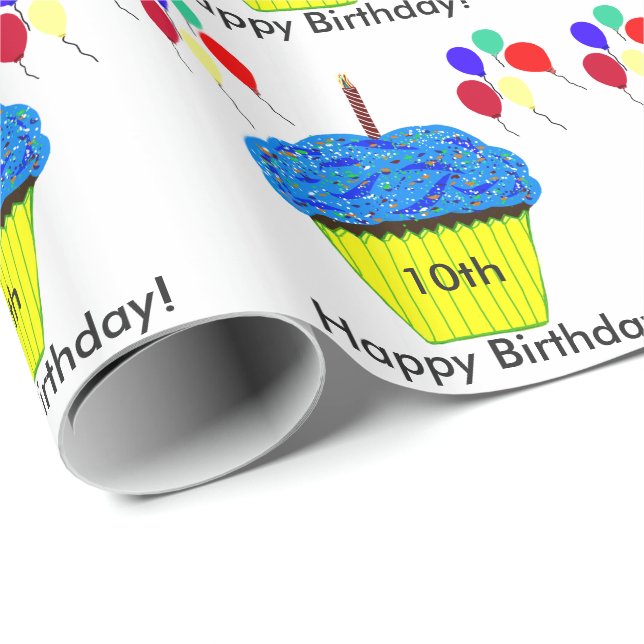 10th Birthday Blue Cupcake Balloons Customise AGE Wrapping Paper (Roll Corner)