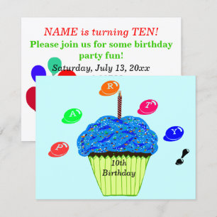 10th Birthday Blue Green Cupcakes Party Any AGE Invitation