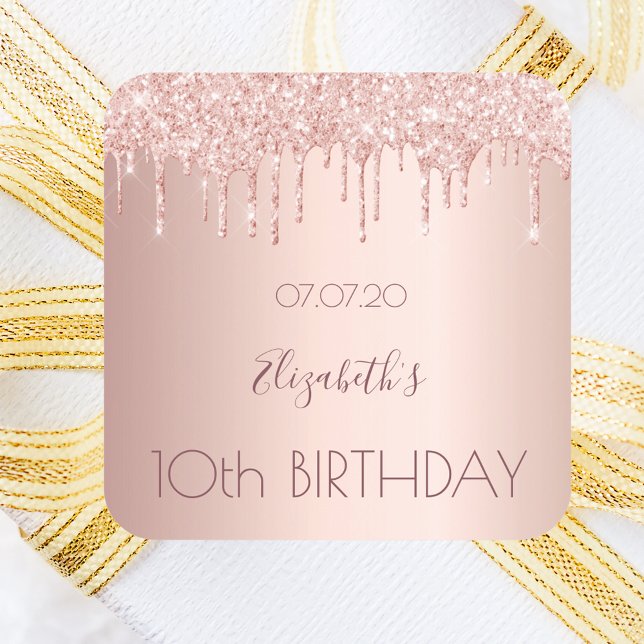 10th birthday blush rose gold drips name square sticker (Creator Uploaded)