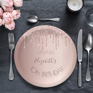 10th birthday blush rose gold glitter drips name paper plate