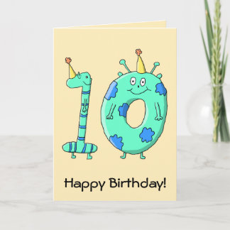 10th Birthday Cartoon, Teal Green and Blue. Card