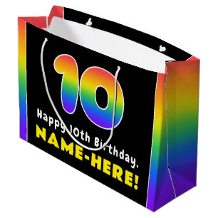 10th Birthday: Colorful Rainbow # 10, Custom Name Large Gift Bag
