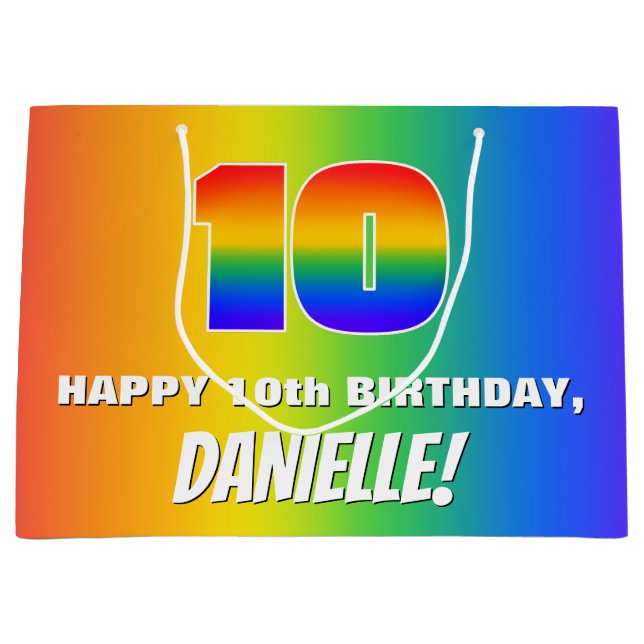 10th Birthday: Colourful, Fun Rainbow Pattern # 10 Large Gift Bag (Front)