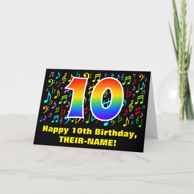 10th Birthday: Colourful Music Symbols & Rainbow 1 Card (Front)