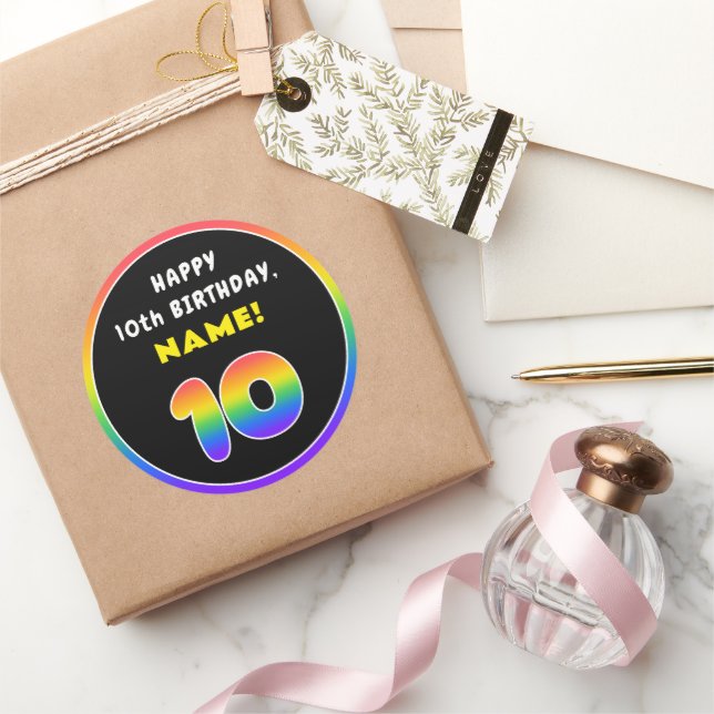 10th Birthday: Colourful Rainbow # 10, Custom Name Classic Round Sticker (Gifting)
