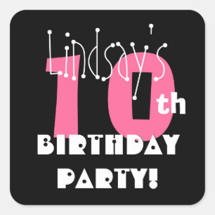 10th Birthday Custom Name Pink and Black Square Sticker
