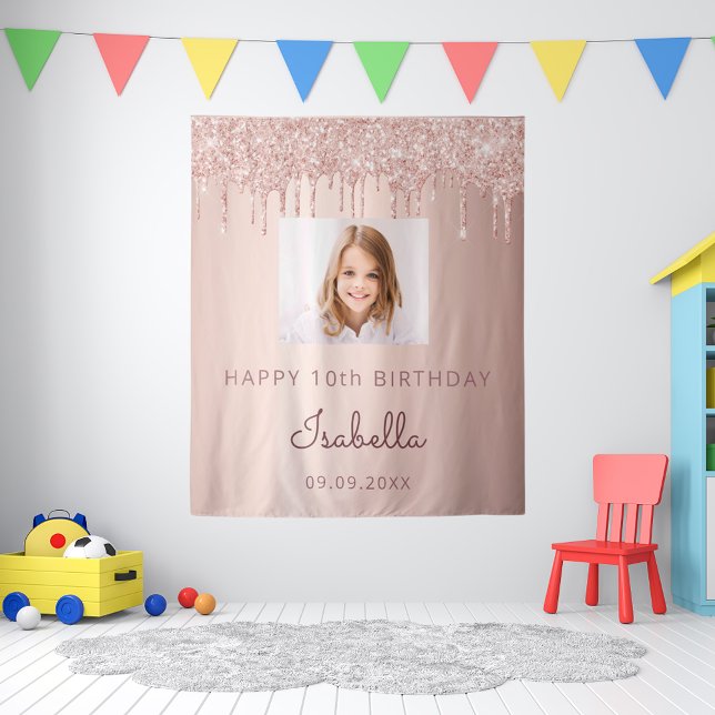 10th Birthday custom photo rose gold glitter pink Tapestry (Creator Uploaded)