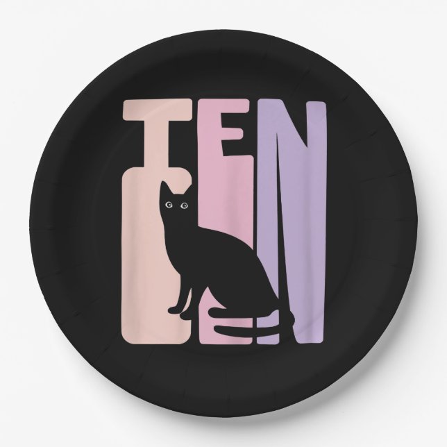 10th Birthday Cute Cat Fan 10 Years Old For Girl Paper Plate (Front)