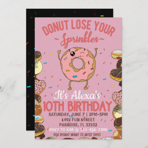 10th Birthday Doughnut Theme Funny Girls Party Invitation