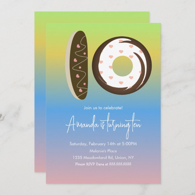 10th Birthday Doughnuts Rainbow Ombre Party Invitation (Front/Back)