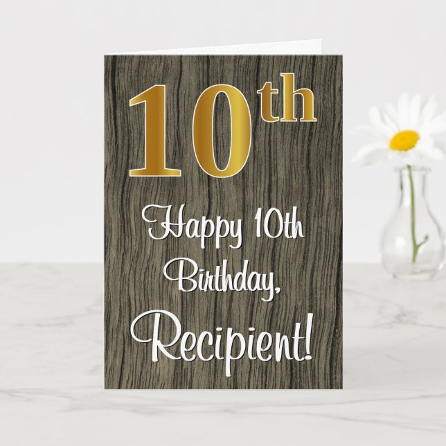 10th Birthday: Elegant Faux Gold Look #, Faux Wood Card (Small Plant)