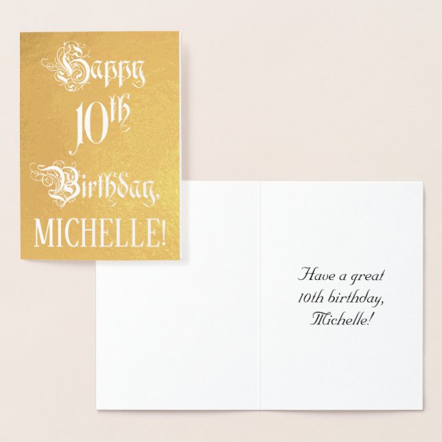 10th Birthday: Elegant, Ornate Script; Custom Name Foil Card (Display)
