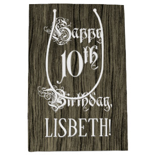 10th Birthday: Fancy, Faux Wood Look + Custom Name Medium Gift Bag