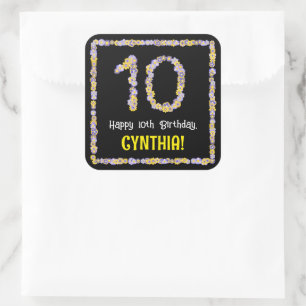10th Birthday: Floral Flowers Number, Custom Name Square Sticker