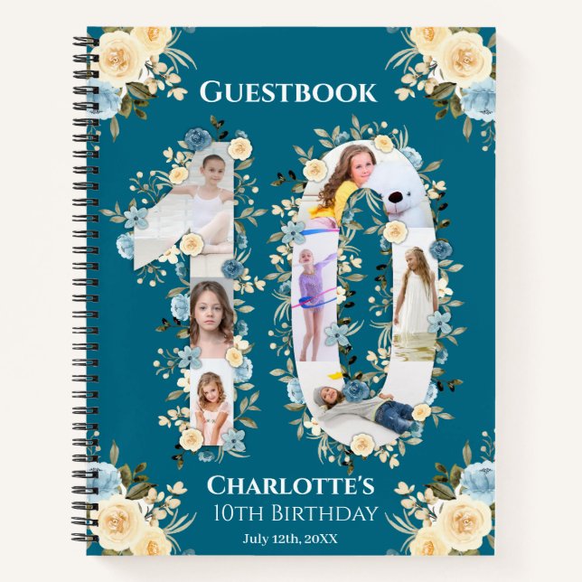 10th Birthday Flower Teal Photo Yellow Guest Book (Front)