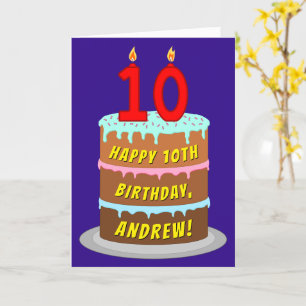10th Birthday: Fun Cake and Candles + Custom Name Card