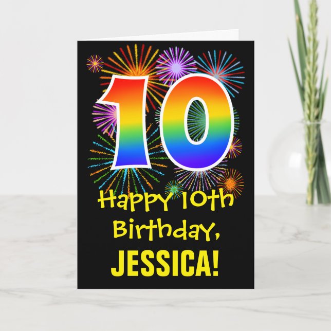 10th Birthday: Fun Fireworks Pattern + Rainbow 10 Card (Front)