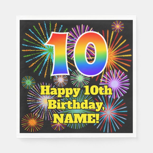 10th Birthday: Fun Fireworks Pattern + Rainbow 10 Napkin (Front)