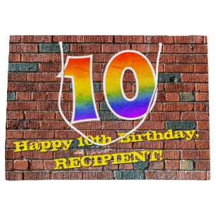 10th Birthday: Fun, Graffiti-Inspired Rainbow # 10 Large Gift Bag