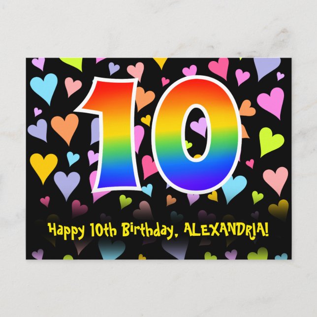10th Birthday: Fun Hearts Pattern, Rainbow 10 Postcard (Front)