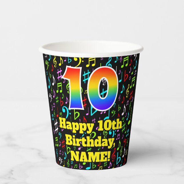 10th Birthday: Fun Music Notes Pattern, Rainbow 10 Paper Cups (Front)
