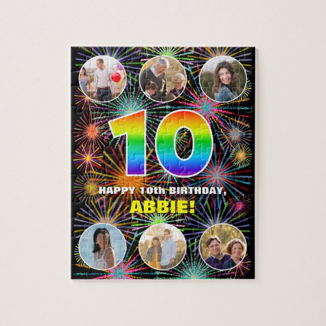10th Birthday: Fun Rainbow #, Custom Name + Photos Jigsaw Puzzle (Vertical)