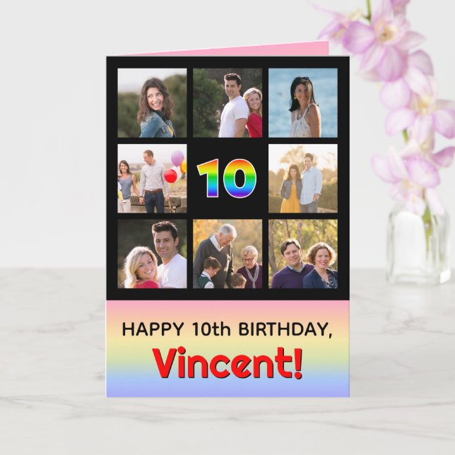 10th Birthday: Fun Rainbow #, Custom Photos + Name Card (Orchid)