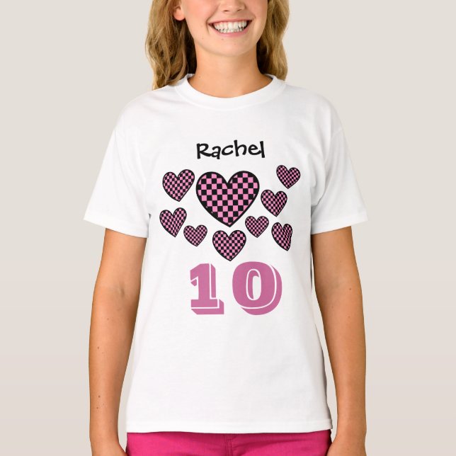 10th Birthday Girl Chequered Hearts Big Number T-Shirt (Front)