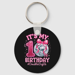 10th Birthday Girl Double Digits Bow Disco Ball Key Ring