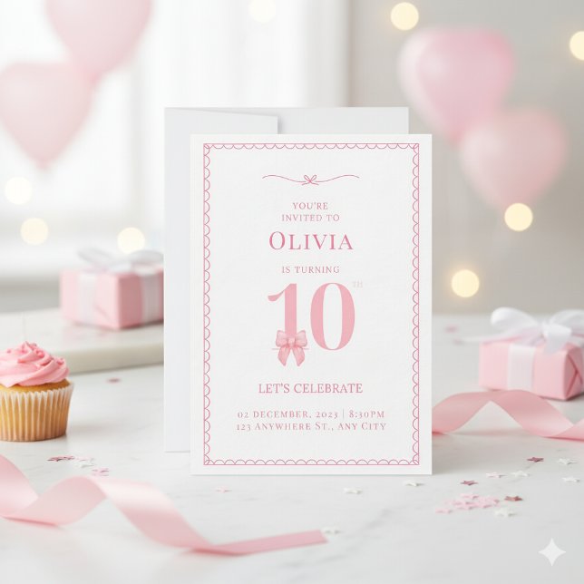 10th Birthday Girl Pink Bow Invitation (Creator Uploaded)