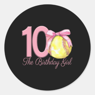 10th Birthday Girl Softll Player Coquette Pink Bow Classic Round Sticker