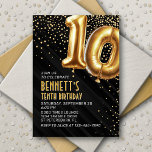 10th Birthday Gold Black Invitation<br><div class="desc">A birthday design that cuts straight to the celebration-no messing around. Featuring bold numbers styled to look like foil balloons with sparkling confetti all around, this design brings instant party vibes. The gold and black colour scheme and art deco text elevate the design, adding a sophisticated touch. Perfect for that...</div>