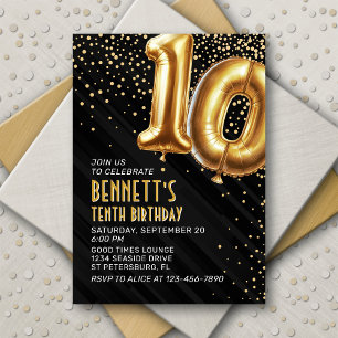 10th Birthday Gold Black Invitation