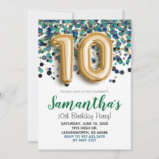 10th Birthday Gold Confetti Invitation (Front)