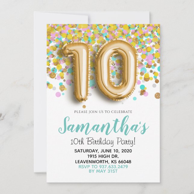 10th Birthday Gold Mint Orange Confetti Invitation (Front)