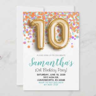 10th Birthday Gold Mint Orange Confetti Invitation