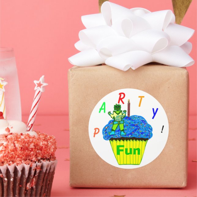 10th Birthday Green Boy Robot and Spaceship Stars Classic Round Sticker (Party)