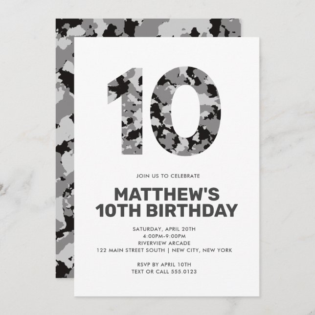 10TH Birthday, Grey Camo Personalised Party Invitation (Front/Back)