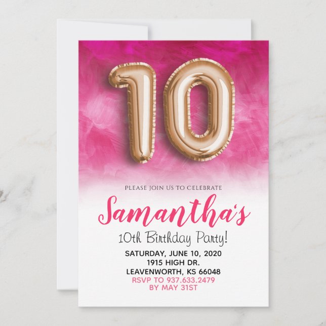 10th Birthday Hot Pink Invitation (Front)