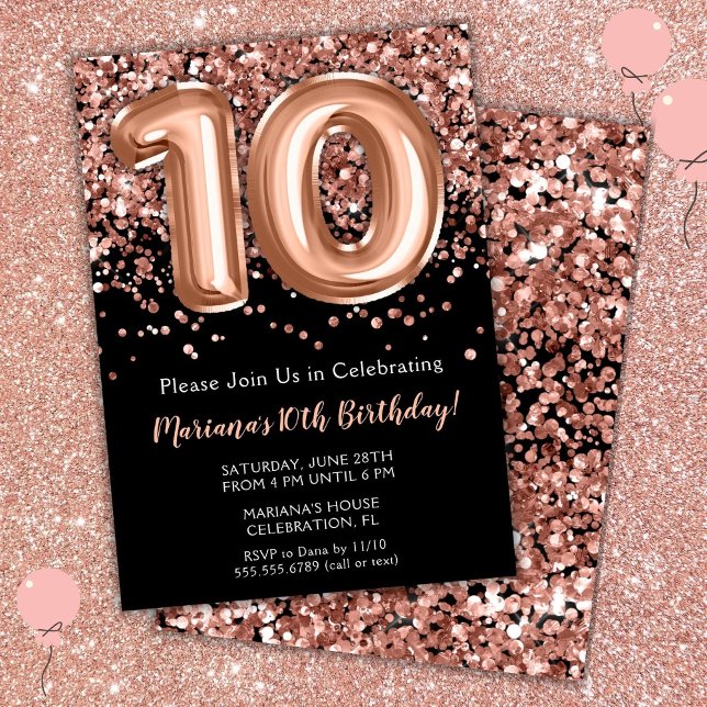 10th Birthday Invitation Black Rose Gold Glitter (Creator Uploaded)