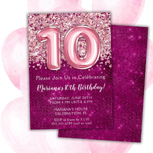 10th Birthday Invitation Girl Magenta Pink Glitter