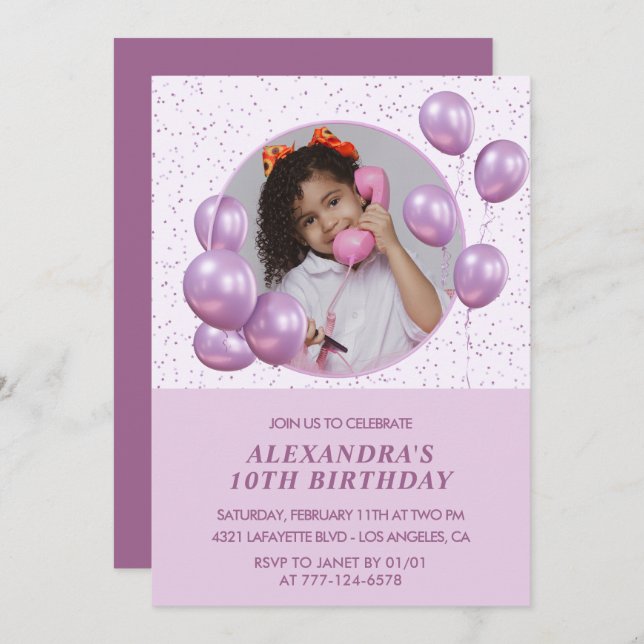 10th birthday invitations Balloons Photo Purple (Front/Back)