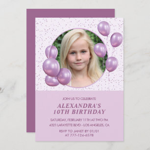 10th birthday invitations Balloons Photo Purple