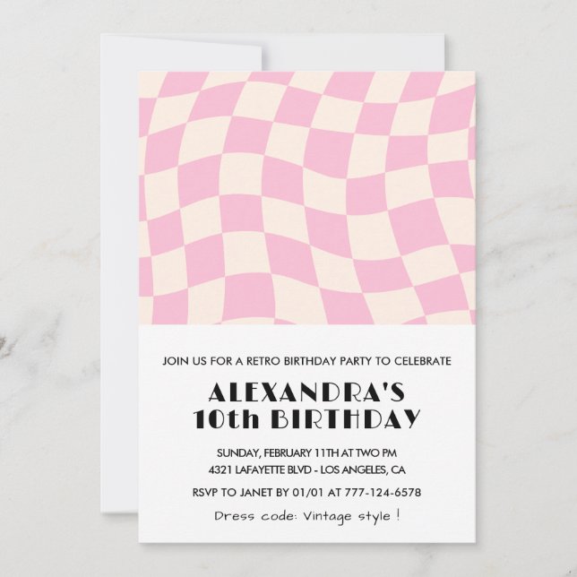 10th birthday invitations Chequered Retro Pink  (Front)
