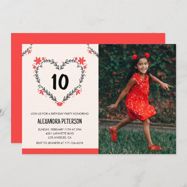 10th birthday invitations for her Floral Heart (Front/Back)
