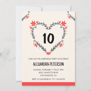 10th birthday invitations for her floral heart