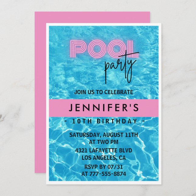10th birthday invitations Pool Party Summer (Front/Back)