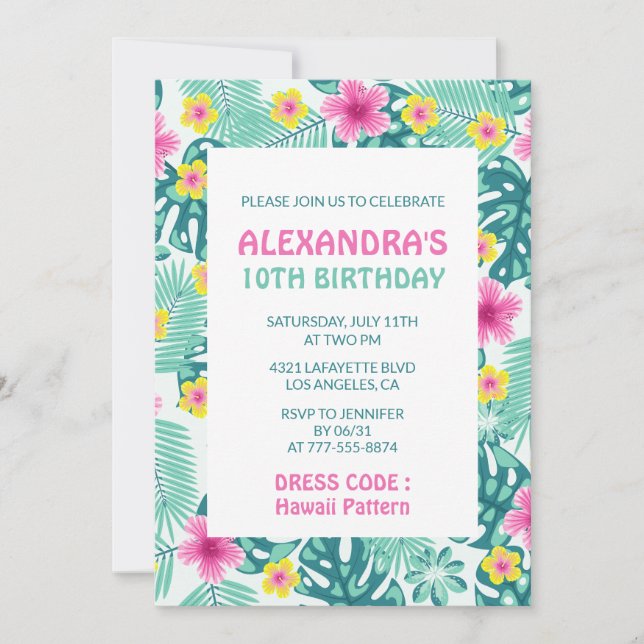 10TH birthday invitations Tropical Hawaii Pattern (Front)
